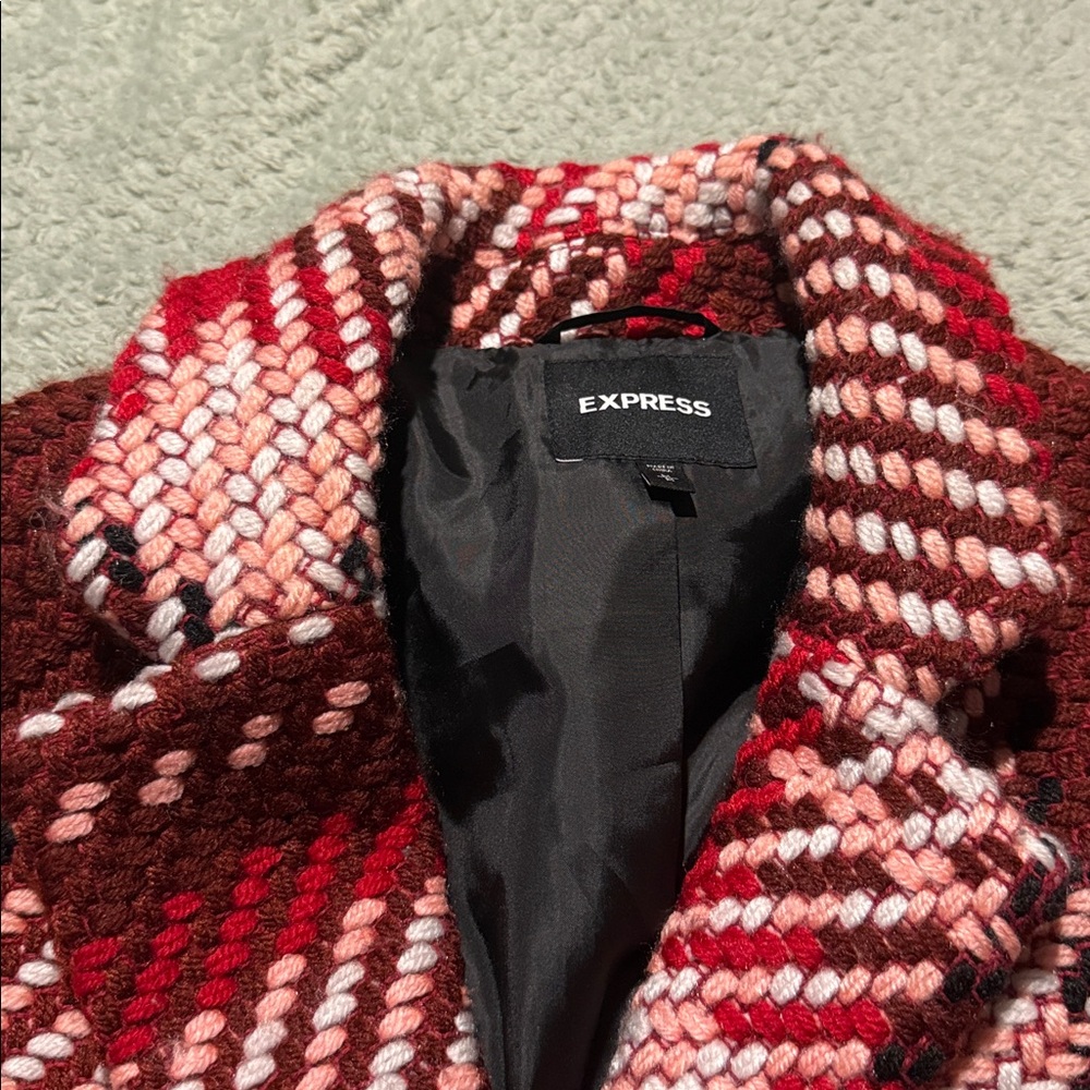 Express Women's Red and White Plaid Teddy Jacket - Picture 7 of 10